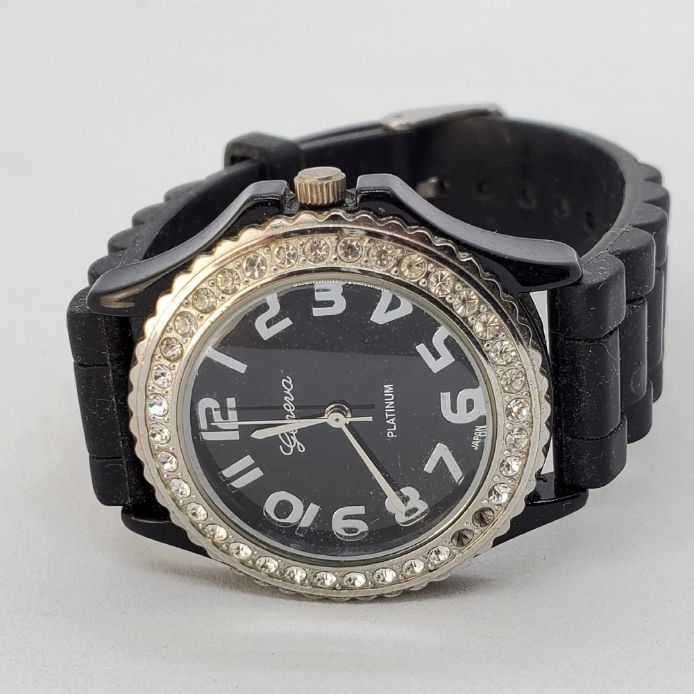 38MM Women Watch Black Dial Crystal Bezel Black Plastic‎ Band Straps New Battery
